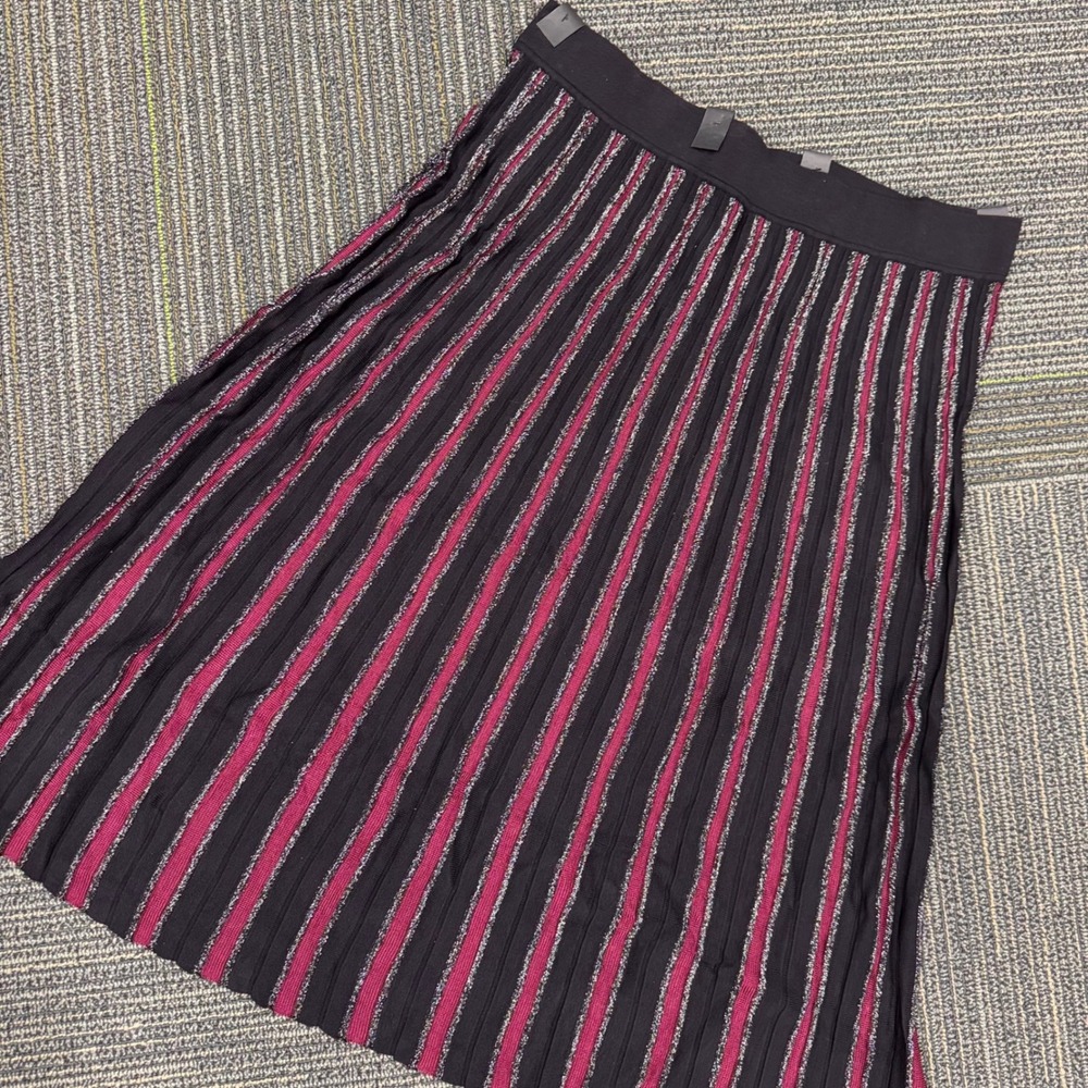 ALFANI Womens Knit Midi Skirt L Black Pink Metallic Stripe Ribbed Pleated
